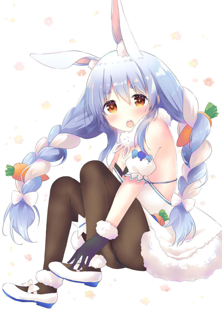 1girl :o animal_ear_fluff animal_ears bangs bare_shoulders black_gloves black_legwear black_leotard blue_hair blush braid breasts bunny-shaped_pupils carrot_hair_ornament clothing_cutout coat detached_sleeves don-chan_(usada_pekora) food_themed_hair_ornament full_body fur-trimmed_coat fur-trimmed_gloves fur_scarf fur_trim garters gloves hair_between_eyes hair_ornament highres hikimayu hololive leotard leotard_under_clothes long_hair mary_janes multicolored_hair open_mouth orange_eyes pantyhose puffy_short_sleeves puffy_sleeves rabbit_ears scarf shoes short_eyebrows short_sleeves single_garter sitting small_breasts solo strapless strapless_coat strapless_leotard thick_eyebrows tsukiji twin_braids twintails two-tone_hair underboob_cutout upper_teeth usada_pekora virtual_youtuber white_coat white_footwear white_hair white_scarf white_sleeves