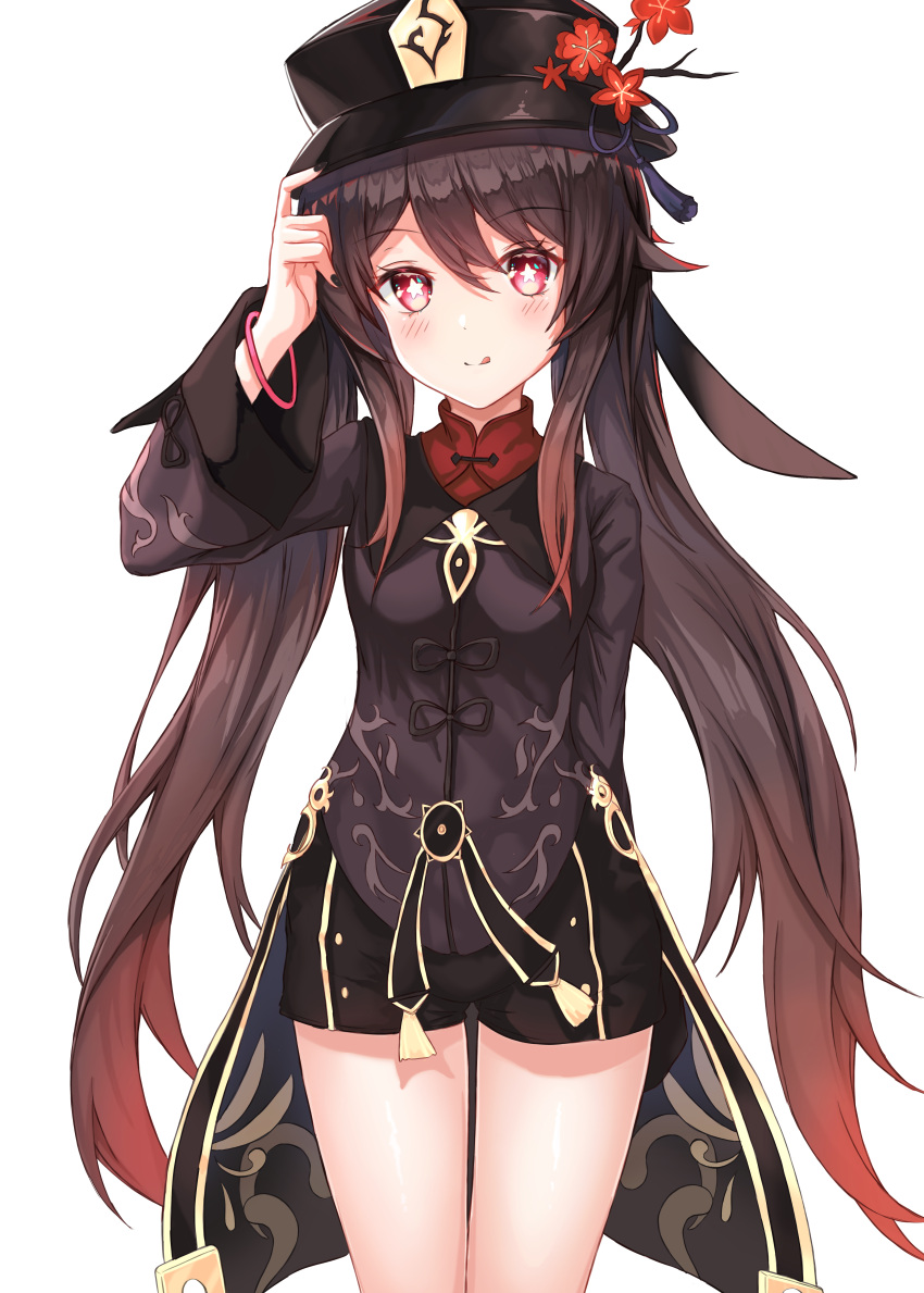 1girl absurdres bangs black_coat black_headwear black_shorts blush breasts brown_hair coat coattails flower genshin_impact hat hat_flower highres hu_tao licking_lips long_hair long_sleeves looking_at_viewer neon9444 plum_blossoms red_eyes shorts small_breasts smile symbol-shaped_pupils thighs tongue tongue_out twintails very_long_hair