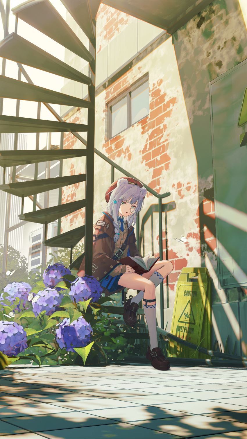 1girl absurdres animal_ears arknights bear_ears bear_girl blue_eyes blue_flower blue_hair blue_neckwear blue_skirt book braid brown_footwear brown_jacket building commentary_request flower hair_ornament hat highres istina_(arknights) jacket looking_at_viewer monocle sitting sitting_on_stairs skirt solo spiral_staircase stairs star_(symbol) star_hair_ornament white_legwear zhuang_yao