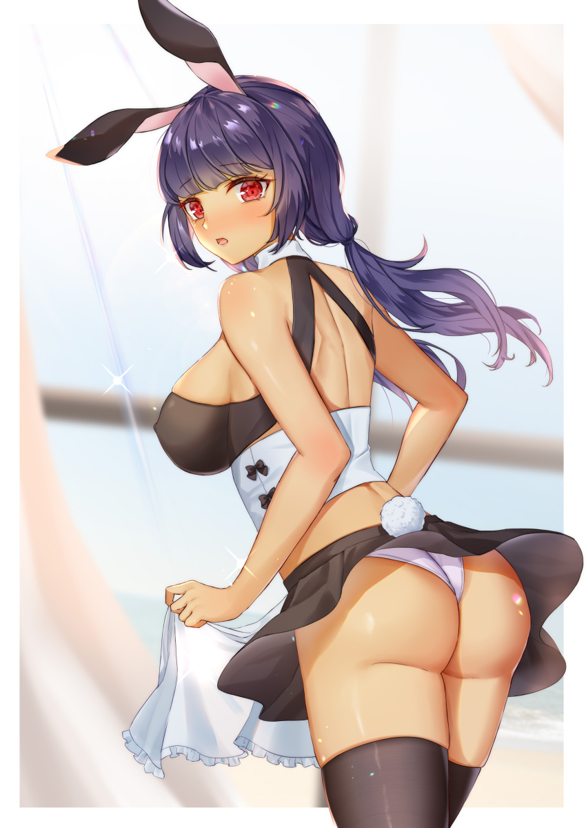 1girl absurdres animal_ears apron apron_hold ass back bangs black_legwear black_skirt blunt_bangs blurry blush breasts bunny_tail covered_nipples cowboy_shot dark_skin depth_of_field eyebrows_visible_through_hair frilled_apron frills highres linsuan_er_qing_an long_hair looking_at_viewer looking_back medium_breasts midriff miniskirt open_mouth original outside_border panties purple_hair rabbit_ears red_eyes skirt standing tail thigh-highs thong twintails underwear waist_apron white_panties window
