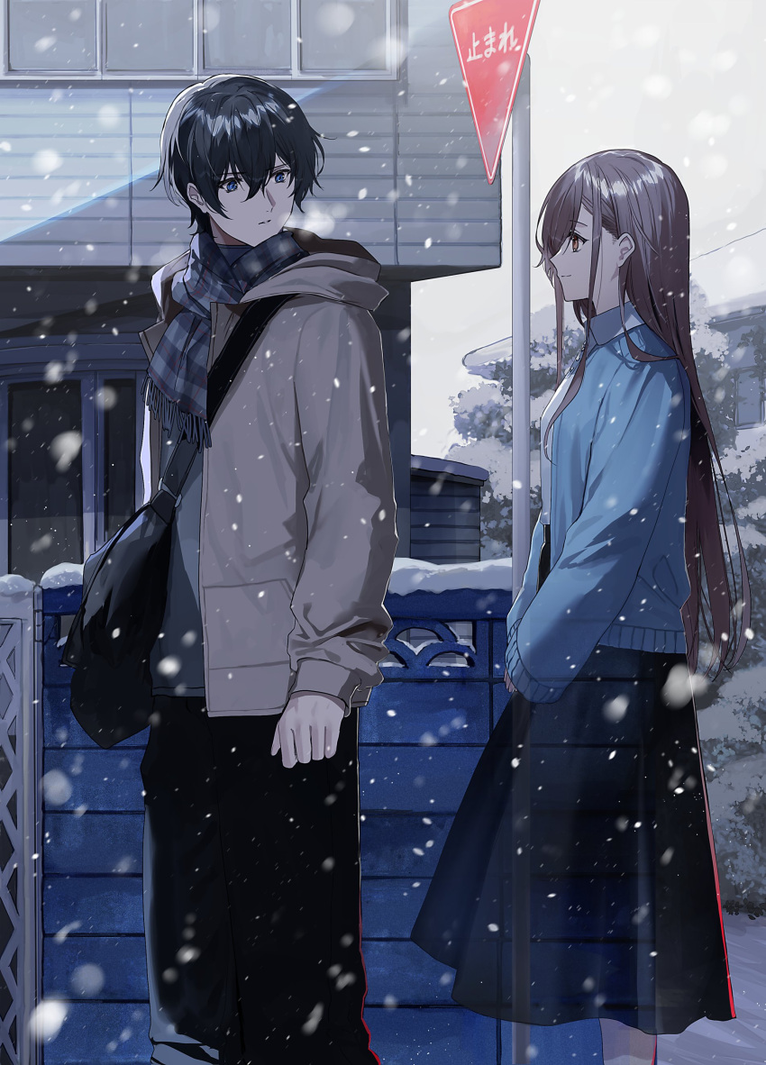 1boy 1girl absurdres bag blue_eyes breasts brown_hair coat commentary fuuna_(conclusion) highres holding holding_bag long_hair long_skirt long_sleeves looking_at_another looking_back original outdoors profile road_sign sign skirt small_breasts snow snowing standing stop_sign translucent winter winter_clothes winter_coat