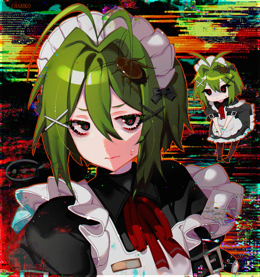 1boy alternate_costume androgynous antenna_hair apron belt black_bow black_dress bow bug chariko chibi cockroach collared_dress dress enmaided frilled_apron frills frown glitch green_hair grey_eyes hair_intakes hair_ornament highres insect maid maid_apron maid_headdress original puffy_sleeves red_pupils red_ribbon ribbon rin_(chariko) skirt sweatdrop waist_apron white_apron white_bow x_hair_ornament