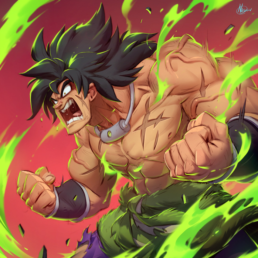 1boy abs angry aura biceps black_hair broly_(dragon_ball_super) clenched_hands dragon_ball dragon_ball_super dragon_ball_super_broly highres md5_mismatch muscular muscular_male nicola_saviori open_mouth pants pectorals pelt purple_pants saliva scar scar_on_cheek scar_on_chest scar_on_face shirtless shouting solo spiky_hair veins wristband