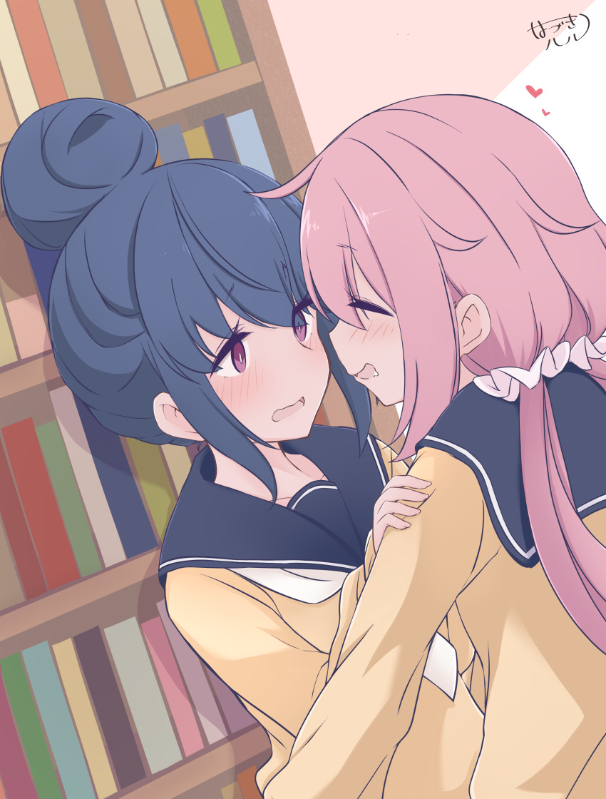 2girls absurdres blue_hair blush book bookshelf closed_eyes commentary drooling embarrassed hair_bun hand_on_another's_shoulder hazuki_haru heart highres indoors kagamihara_nadeshiko library long_hair looking_at_another multiple_girls open_mouth pink_hair school_uniform scrunchie shima_rin signature twintails violet_eyes wavy_mouth yuri yurucamp