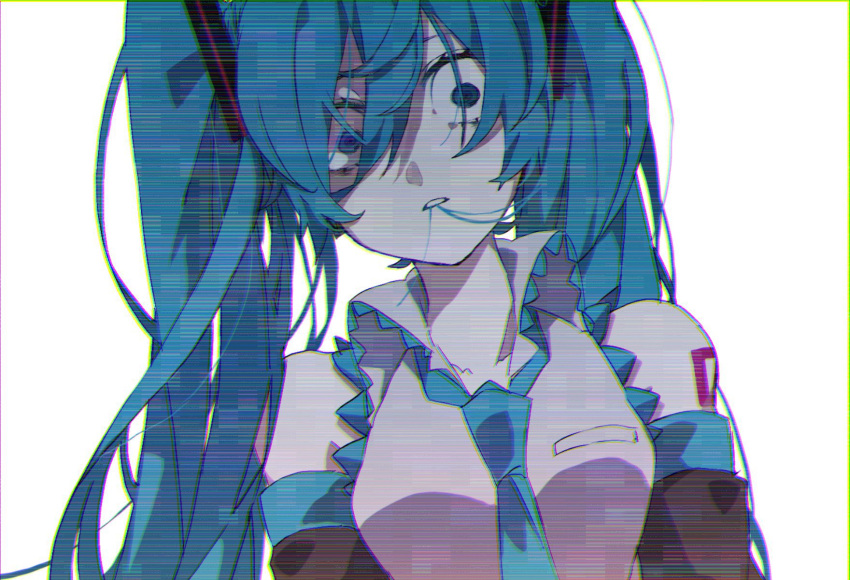 1girl bangs bare_shoulders blue_hair blue_neckwear breasts collared_shirt constricted_pupils detached_sleeves eiku hair_between_eyes hair_in_mouth hatsune_miku highres long_hair looking_at_viewer necktie parted_lips shirt sleeveless sleeveless_shirt solo static tattoo twintails upper_body very_long_hair vocaloid white_background