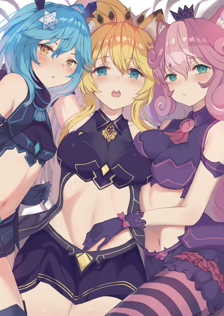 3girls ahoge animal_ears bare_shoulders black_gloves black_shorts blonde_hair blue_eyes blue_hair blush breasts brown_eyes caracal_ears eyebrows_visible_through_hair gloves green_eyes hair_ornament highres kogalashi large_breasts looking_at_viewer multiple_girls navel open_mouth pink_hair rabbit_ears rararin_(show_by_rock!!) shiny shiny_hair short_hair shorts show_by_rock!! small_breasts snowflake_hair_ornament squirrel_ears striped striped_legwear sumomone_(show_by_rock!!) thigh-highs uiui_(show_by_rock!!)