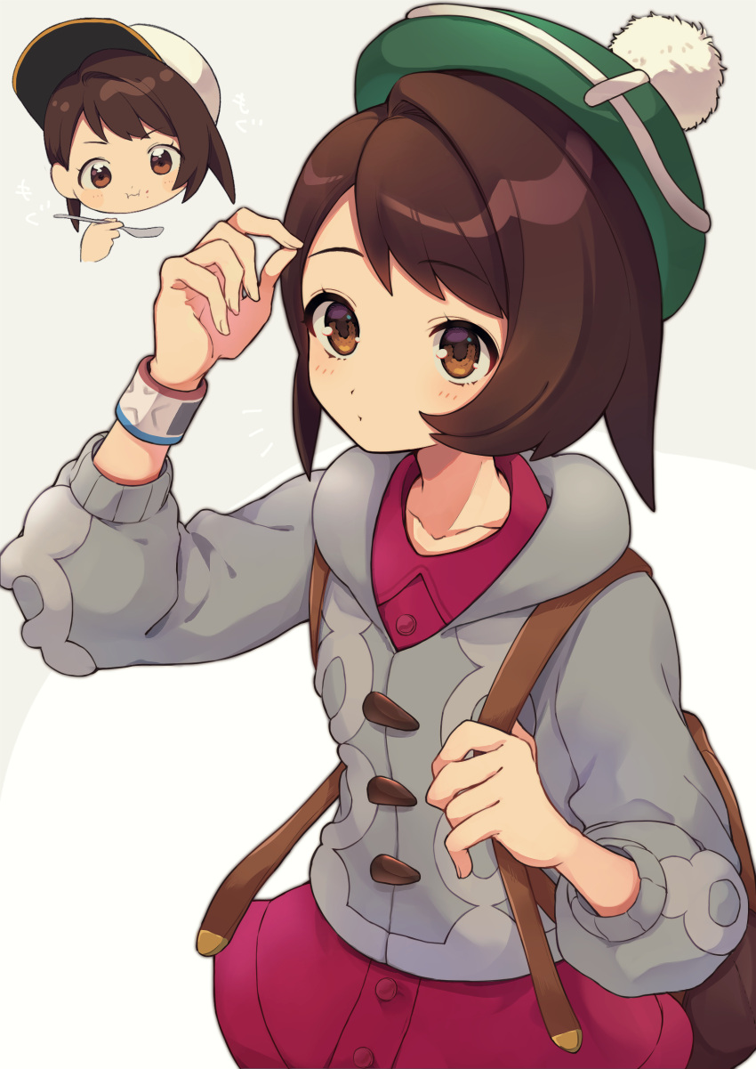 1girl :i absurdres backpack bag bangs baseball_cap blush blush_stickers bob_cut brown_bag brown_eyes brown_hair buttons cardigan closed_mouth collared_dress commentary_request eating eyelashes food food_on_face gloria_(pokemon) green_headwear grey_cardigan hand_up hat highres holding holding_spoon holding_strap hooded_cardigan looking_at_hand multiple_views pokemon pokemon_(game) pokemon_swsh short_hair spoon tam_o'_shanter yamunashi