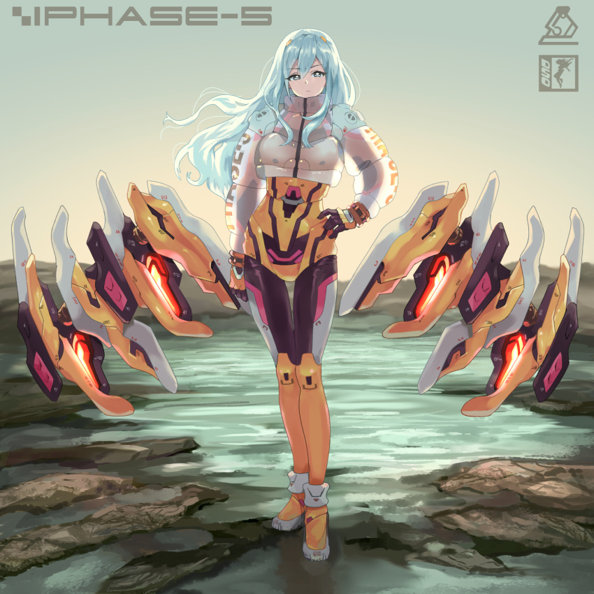 1girl blue_eyes blue_hair bodysuit breasts cropped_jacket dso floating_hair funnels gloves hair_between_eyes hand_on_hip highres jacket long_hair looking_at_viewer mecha_musume medium_breasts original puffer_jacket science_fiction solo standing white_background