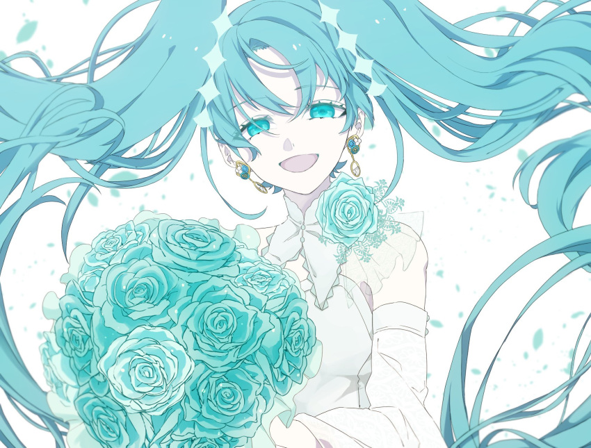 1girl aqua_eyes aqua_hair bangs blue_flower blue_rose bouquet crypton_future_media detached_collar detached_sleeves earrings eiku eyebrows_visible_through_hair floating_hair flower hatsune_miku highres holding holding_bouquet jewelry long_hair looking_at_viewer open_mouth piapro rose shirt sleeveless sleeveless_shirt smile solo twintails upper_body very_long_hair vocaloid white_background
