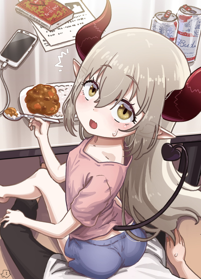 1boy 1girl ass bare_legs beer_can blush brown_eyes can cellphone curled_horns curry curry_rice demon_girl demon_horns demon_tail emma_august eyebrows_visible_through_hair eyeharmheart fang food grey_hair hair_between_eyes highres horns looking_at_viewer looking_back nijisanji open_mouth phone pointy_ears red_horns rice shirt short_shorts shorts sitting sitting_on_lap sitting_on_person skin_fang smartphone smile spoon surprised t-shirt table tail virtual_youtuber