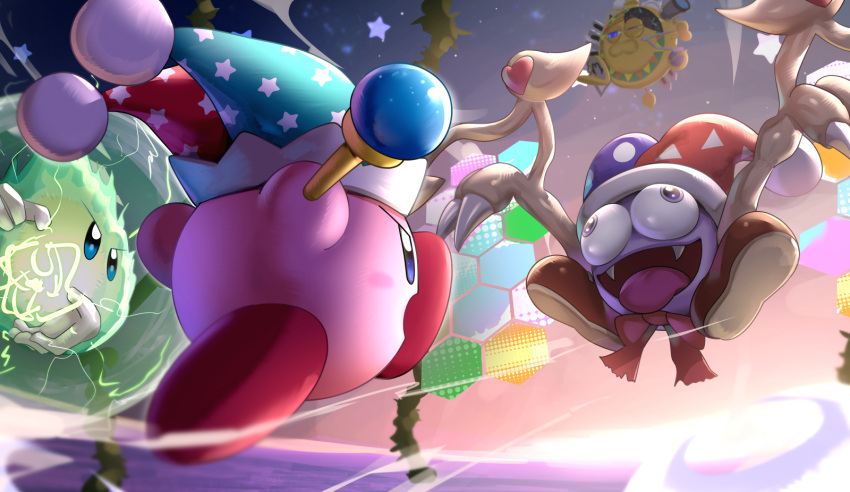 angry battle blue_eyes galactic_nova gonzarez hat highres holding holding_wand honeycomb_(pattern) jester_cap kirby kirby_(series) kirby_super_star marx plasma_wisp running space tongue tongue_out violet_eyes wand