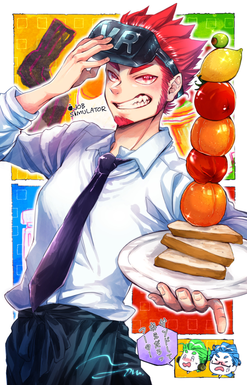 2bro. 3boys anija_(2bro.) blue_hair bread facial_hair food fruit goatee green_hair grin head_mounted_display headphones highres holding holding_plate lemon looking_at_viewer male_focus multiple_boys necktie olive otoja otsuichi_(2bro.) peach plate red_eyes redhead shirt sideburns smile standing teeth tomato white_shirt yoru_(butterflykixx)