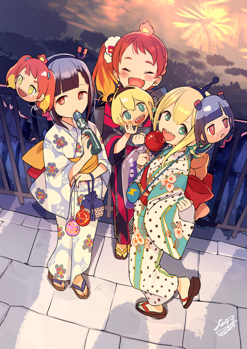 3girls :d alternate_hairstyle amano_pikamee bangs black_hair black_hairband black_kimono blue_kimono blunt_bangs blush_stickers bottle braid bright_pupils candy_apple character_mask cherico chestnut_mouth commentary fangs fireworks floral_print flower food frown full_body green_eyes green_kimono green_nails hair_flower hair_ornament hairband highres hikasa_tomoshika holding holding_bottle holding_food holding_mask japanese_clothes jitomi_monoe kimono looking_at_viewer magnet mask mask_on_head multicolored multicolored_clothes multicolored_kimono multiple_girls open_mouth outdoors pouch railing ramune red_eyes red_kimono red_nails sandals sash side_ponytail sidelocks smile standing standing_on_one_leg virtual_youtuber voms water_yoyo white_kimono white_pupils yellow_eyes yellow_nails