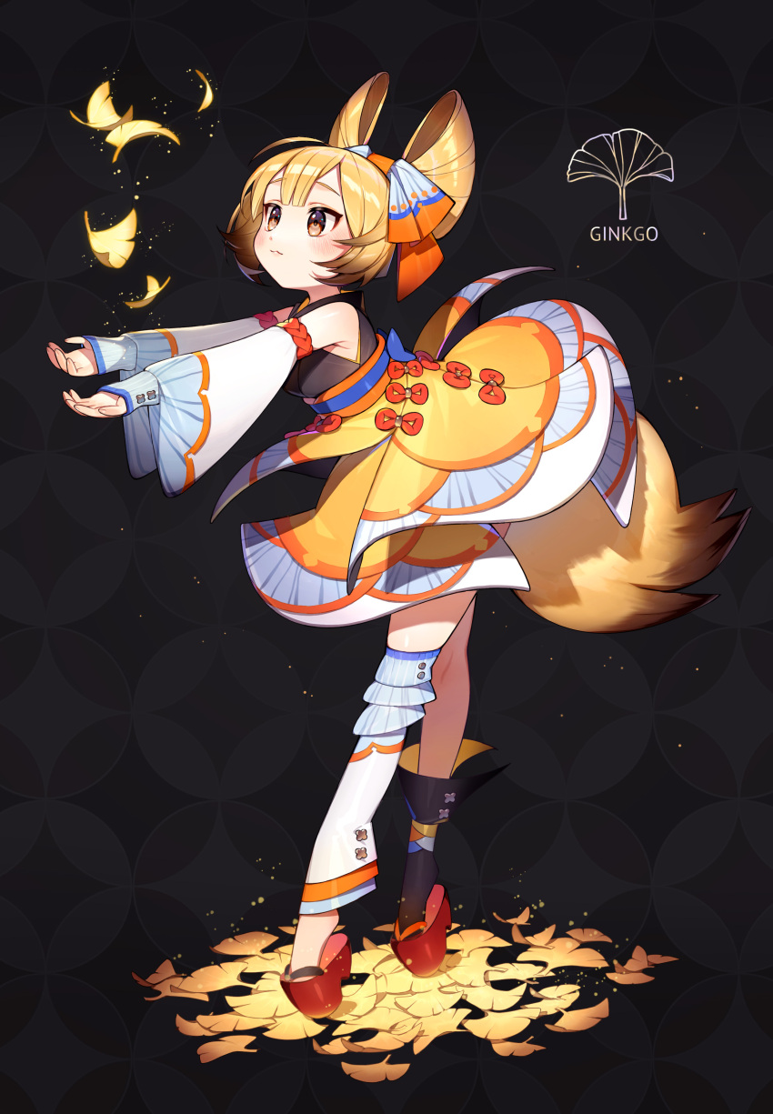1girl :3 absurdres ahoge asymmetrical_legwear bangs bare_shoulders blonde_hair blunt_bangs blush bo_ren brown_eyes closed_mouth detached_sleeves fox_tail from_side full_body ginkgo_leaf gradient_hair hair_rings highres japanese_clothes kimono leaf leaning_forward looking_at_object mismatched_legwear multicolored_hair obi original platform_footwear reaching_out sandals sash solo tail thigh-highs tiptoes tsurime zettai_ryouiki
