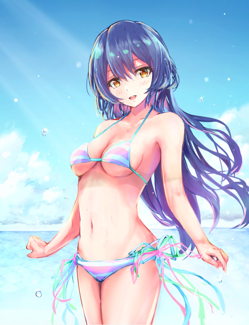 1girl :d absurdres bangs bare_shoulders bikini blue_hair blue_sky blush breasts clouds collarbone day hair_between_eyes head_tilt highres long_hair looking_at_viewer love_live! love_live!_school_idol_project navel ocean open_mouth outdoors side-tie_bikini sky small_breasts smile solo sonoda_umi striped striped_bikini sunlight swept_bangs swimsuit swimwear tanaka212 water_drop yellow_eyes