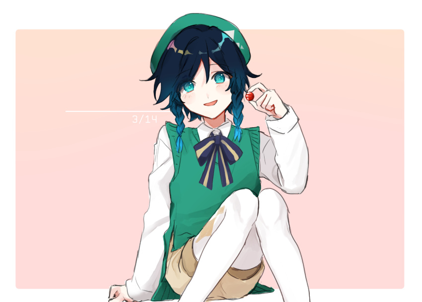 1boy alternate_costume androgynous argyle argyle_legwear bangs beret black_hair blue_hair bow braid brown_shorts collared_shirt dsg120252 eyebrows_visible_through_hair food genshin_impact gradient_hair green_eyes green_headwear hand_on_floor hat highres holding holding_food long_sleeves looking_at_viewer male_focus multicolored_hair open_mouth pantyhose pink_background shirt short_hair_with_long_locks shorts simple_background sitting smile solo sweets twin_braids venti_(genshin_impact) white_background white_legwear white_shirt