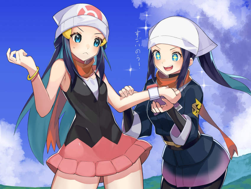 +_+ 2girls :&lt; beanie black_legwear blue_eyes blush bracelet closed_mouth clouds commentary_request hikari_(pokemon) day dress eyelashes female_protagonist_(pokemon_legends:_arceus) hand_on_another's_arm hat head_scarf highres jewelry katwo long_hair multiple_girls outdoors pantyhose pokemon pokemon_(game) pokemon_dppt pokemon_legends:_arceus ponytail scarf short_dress sidelocks sky sleeveless sleeveless_dress sparkle sweatdrop translation_request undershirt white_headwear