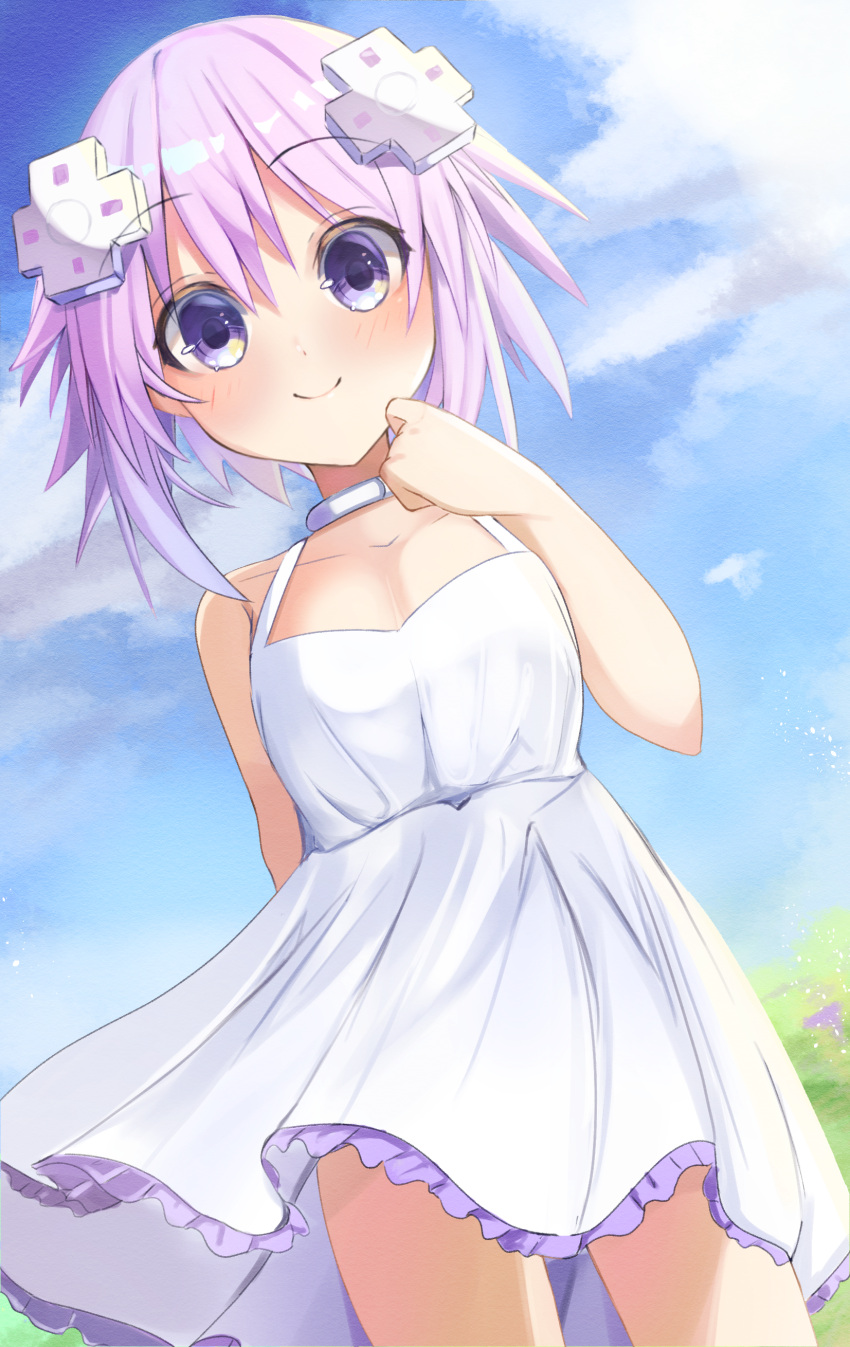 1girl absurdres bangs bare_arms bare_shoulders bimmy blue_sky blush breasts choujigen_game_neptune closed_mouth clouds collarbone commentary d-pad d-pad_hair_ornament day dress eyebrows_visible_through_hair frilled_dress frills hair_between_eyes hair_ornament hand_up highres neptune_(neptune_series) neptune_(series) outdoors pink_hair sky sleeveless sleeveless_dress small_breasts smile solo standing violet_eyes white_dress