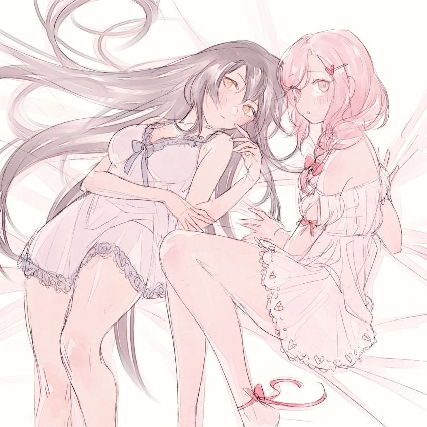 2girls ankle_bow bangs blue_dress bow braid breasts commission dress english_commentary hair_behind_ear hair_ornament hairclip heart heart_hair_ornament highres long_hair looking_at_viewer lying medium_breasts multiple_girls nini_yuuna off-shoulder_dress off_shoulder on_bed open_mouth original pink_bow pink_eyes pink_hair rui_(ruiaes) second-party_source sitting sketch tsunderia virtual_youtuber white_dress yoru_(ei1han)
