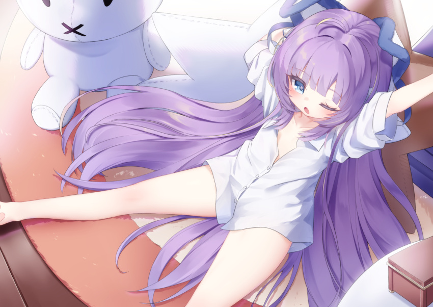 1girl arms_up azur_lane bangs barefoot blue_eyes blush collarbone collared_shirt commentary_request dress_shirt eyebrows_visible_through_hair feet_out_of_frame kokone_(coconeeeco) looking_at_viewer naked_shirt one_eye_closed open_mouth purple_hair shirt shorts sitting solo stuffed_animal stuffed_toy tashkent_(azur_lane) white_shirt