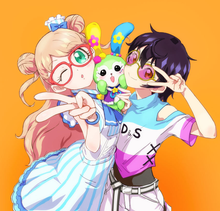 2girls ;o absurdres aqua_eyes belt black_belt black_hair blue_neckwear blue_shirt blue_stripes blush bracelet clothing_cutout commentary_request double_bun dress eyebrows_visible_through_hair facial_mark floral_print flower_(symbol) frilled_dress frills girl_sandwich glasses highres jewelry kanamori_maria kiratto_pri_chan kurokawa_suzu light_brown_hair lips long_hair long_skirt looking_at_viewer mascot multicolored_belt multicolored_shirt multiple_girls neckerchief one_eye_closed orange_eyes partial_commentary pink-tinted_eyewear pink_shirt pose pretty_(series) puckered_lips rabbily_(kiratto_pri_chan) rabbit red-framed_eyewear sandwiched shirt short_hair short_sleeves shorts shoulder_cutout simple_background single_stripe skirt sleeveless sleeveless_shirt smile stdl striped_belt sunglasses upper_body v wavy_hair white_belt white_shirt white_shorts white_skirt white_stripes yellow-framed_eyewear yellow_background