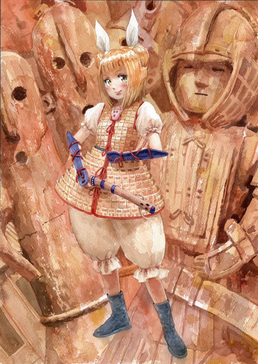 1girl armor blonde_hair blush bob_cut chinese_armor double_bun dress full_body grey_footwear haniwa_(statue) head_scarf highres joutouguu_mayumi looking_at_viewer misawa_hiroshi puffy_short_sleeves puffy_shorts puffy_sleeves short_hair short_sleeves shorts smile solo_focus touhou traditional_media vambraces watercolor_(medium) yellow_dress