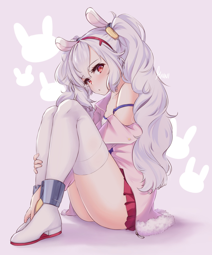 1girl absurdres animal_ears animal_print azur_lane bangs bunny_print collarbone commentary eyebrows_visible_through_hair fake_animal_ears full_body gloves hairband head_tilt highres jacket laffey_(azur_lane) leg_hug legs_together long_hair looking_at_viewer looking_to_the_side maiini parted_lips pleated_skirt rabbit_ears red_eyes red_skirt sidelocks silver_background simple_background sitting skirt solo thigh-highs twintails white_gloves white_hair zettai_ryouiki