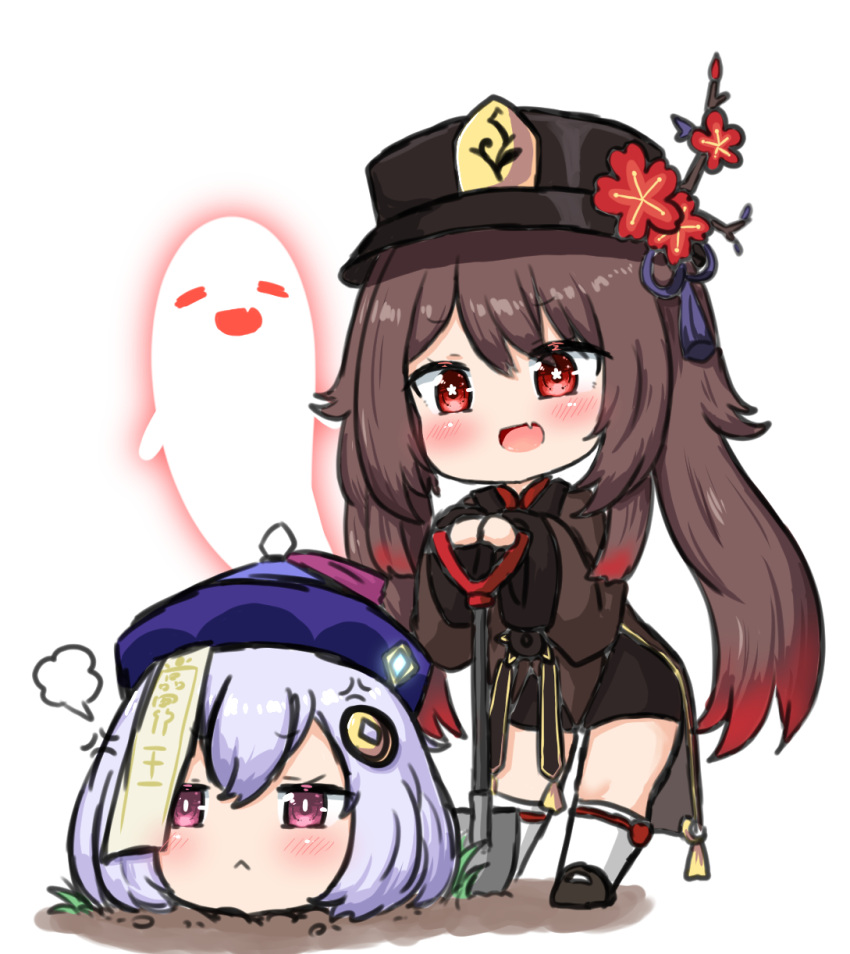 2girls :&lt; :d anger_vein bailingxiao_jiu bangs black_footwear black_headwear black_shorts blush brown_dress brown_hair buried closed_mouth commentary_request dress eyebrows_visible_through_hair fang flower genshin_impact ghost gradient_hair hair_between_eyes hair_ornament hat hat_flower highres hu_tao long_hair long_sleeves multicolored_hair multiple_girls ofuda open_mouth purple_hair purple_headwear qing_guanmao qiqi_(genshin_impact) red_eyes red_flower redhead shoes short_shorts shorts shovel smile socks standing twintails very_long_hair violet_eyes white_background white_legwear wide_sleeves