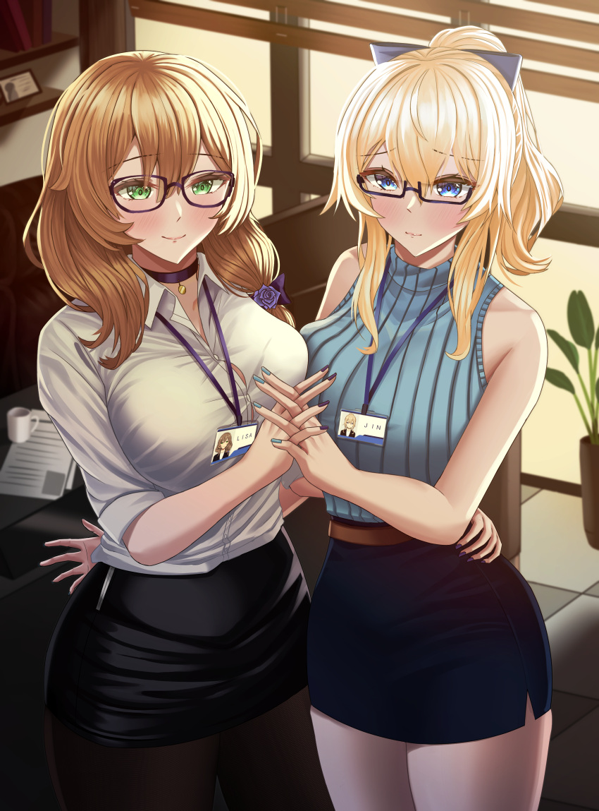 2girls absurdres bare_arms bare_shoulders blonde_hair blue_eyes blush bow breast_press breasts brown_hair button_gap casual choker coffee_mug collared_shirt cowboy_shot cup flower_pot genshin_impact glasses green_eyes hair_bow highres holding_hands id_card indoors interlocked_fingers jean_gunnhildr_(genshin_impact) large_breasts lisa_(genshin_impact) mug multiple_girls office_lady paper pencil_skirt ponytail shirt side_ponytail skirt sleeveless sleeveless_shirt ssb_(nit8921) standing thigh-highs