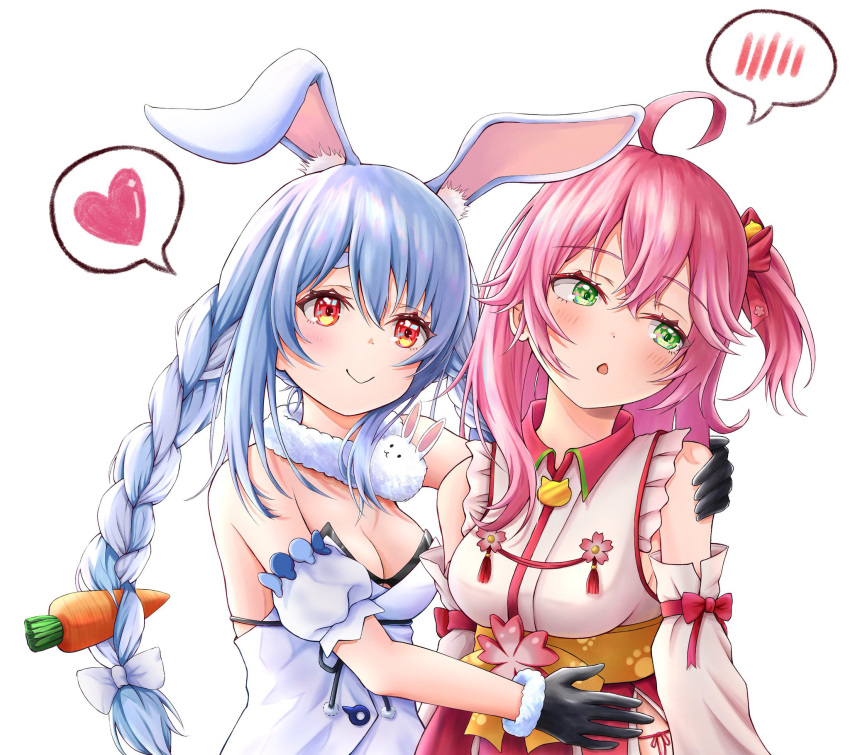 animal_ear_fluff bare_shoulders blue_eyes blue_hair blush hand_on_shoulder harupuri913 heart highres hololive hug looking_at_another nontraditional_miko pink_hair sakura_miko sideways_glance simple_background spoken_blush spoken_heart strapless_coat upper_body usada_pekora virtual_youtuber white_background yuri