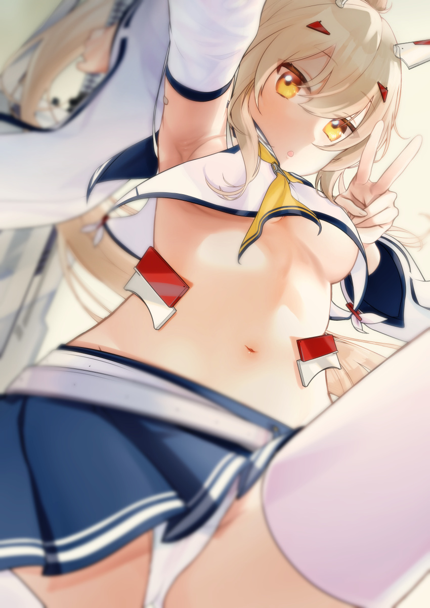 1girl absurdres armpits ascot ayanami_(azur_lane) azur_lane bandaid bandaid_on_arm bangs belt blurry breasts commentary_request depth_of_field detached_sleeves eyebrows_visible_through_hair eyes_visible_through_hair from_below groin hair_ornament hairclip hand_up headgear highres holding holding_sword holding_weapon long_hair looking_at_viewer looking_down medium_breasts midriff navel oshida_bob panties pantyshot parted_lips pleated_skirt ponytail retrofit_(azur_lane) ribbon-trimmed_sleeves ribbon_trim school_uniform serafuku shaded_face sidelocks silver_hair skirt solo sword thigh-highs thighs under_boob underwear v weapon white_legwear white_panties wide_sleeves yellow_eyes zettai_ryouiki