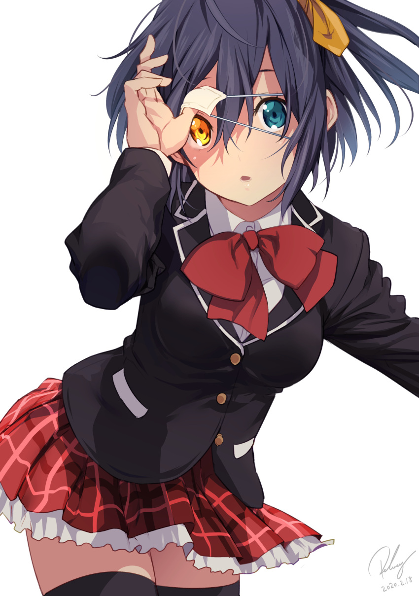 1girl ahoge bangs black_hair black_legwear blazer blue_eyes blush chuunibyou_demo_koi_ga_shitai! commentary_request cowboy_shot dated eyepatch eyepatch_lift frilled_skirt frills glowing glowing_eye heterochromia highres icho_private_high_school_uniform jacket looking_at_viewer one_side_up plaid plaid_skirt re_lucy removing_eyepatch revision school_uniform short_hair signature simple_background skirt solo takanashi_rikka thigh-highs white_background yellow_eyes zettai_ryouiki