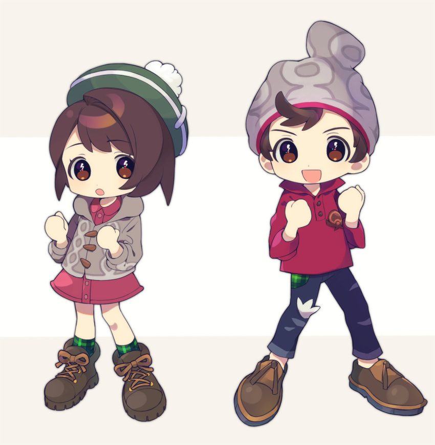 1boy 1girl :d :o backpack bag bangs beanie bob_cut boots brown_bag brown_eyes brown_footwear brown_hair buttons cable_knit cardigan clenched_hands collared_dress commentary_request denim full_body gloria_(pokemon) green_headwear green_legwear grey_cardigan grey_headwear hands_up hat highres hooded_cardigan jeans looking_at_viewer open_mouth pants plaid plaid_legwear pokemon pokemon_(game) pokemon_swsh red_shirt shirt shoes short_hair sleeves_rolled_up smile socks standing swept_bangs tam_o'_shanter torn_clothes torn_jeans torn_pants victor_(pokemon) yamunashi