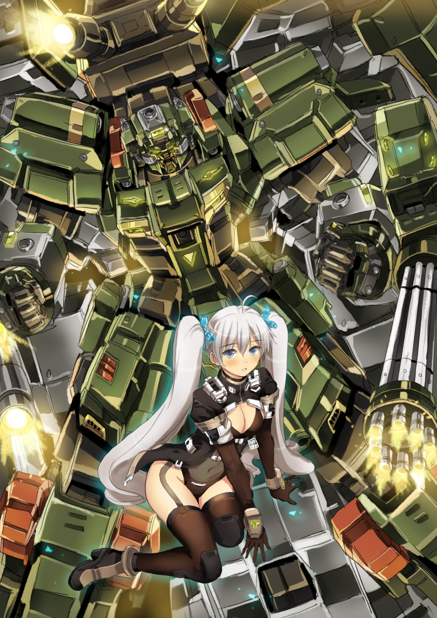 1girl absurdres arm_cannon bangs blue_eyes blush breasts chain_gun cleavage_cutout clenched_hands clothing_cutout covered_navel eyebrows_visible_through_hair firing garimpeiro glowing glowing_eyes green_eyes highres leaning_to_the_side mecha medium_breasts original parted_lips pilot_suit science_fiction shoulder_cannon sitting thigh-highs twintails weapon white_hair