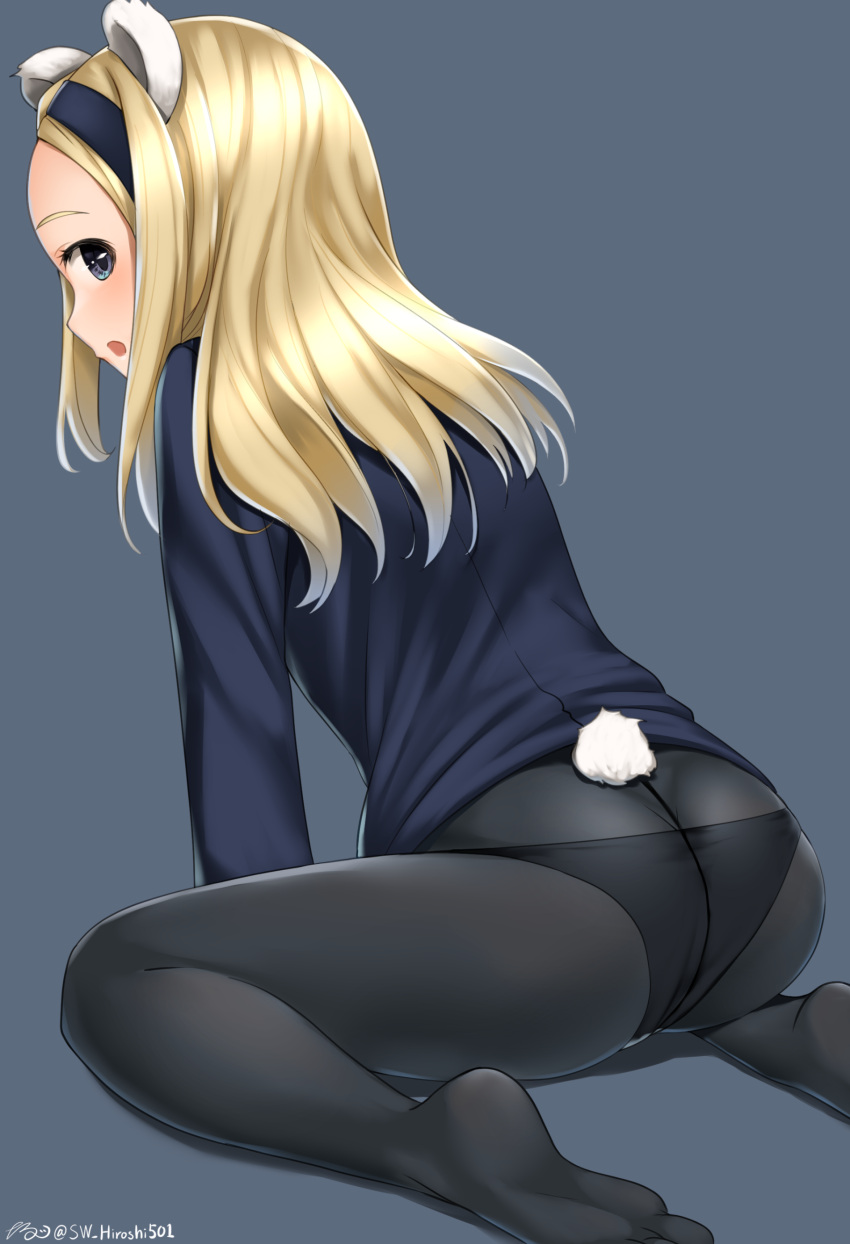 1girl absurdres aleksandra_i_pokryshkin animal_ears artist_name ass bear_ears bear_tail black_legwear black_panties blonde_hair blue_background blue_eyes blush brave_witches butt_crack hair_ornament hairband highres hiroshi_(hunter-of-kct) looking_at_viewer looking_back military military_uniform open_mouth panties panties_under_pantyhose pantyhose shiny shiny_hair simple_background soles solo tail underwear uniform world_witches_series