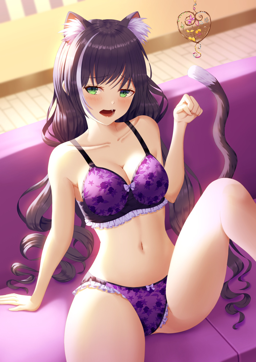 1girl absurdres animal_ear_fluff animal_ears bangs bare_legs bare_shoulders blush bow bow_bra bow_panties bra cat_ears cat_girl cat_tail collarbone couch eyebrows_visible_through_hair fang floral_print frilled_bra frilled_panties frills fujifuji924 green_eyes hand_up heart highres indoors karyl_(princess_connect!) knee_up looking_at_viewer multicolored_hair navel on_couch open_mouth panties paw_pose princess_connect! princess_connect!_re:dive print_bra print_panties purple_bow purple_bra purple_hair purple_panties sitting solo stomach streaked_hair tail two-tone_hair underwear underwear_only white_hair