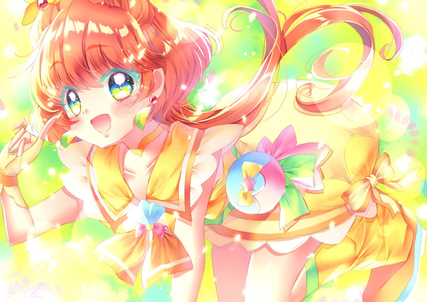 1girl :d bangs blue_eyes blush brown_hair choker collarbone colored_eyelashes commentary cure_papaya dress earrings fingerless_gloves gloves green_background green_eyes green_nails hair_ornament heart heart_in_eye highres ichinose_minori index_finger_raised jewelry leaning_forward lips long_hair looking_at_viewer magical_girl open_mouth orange_neckwear precure sailor_collar smile solo symbol_in_eye touki_matsuri tropical-rouge!_precure very_long_hair yellow_choker yellow_dress