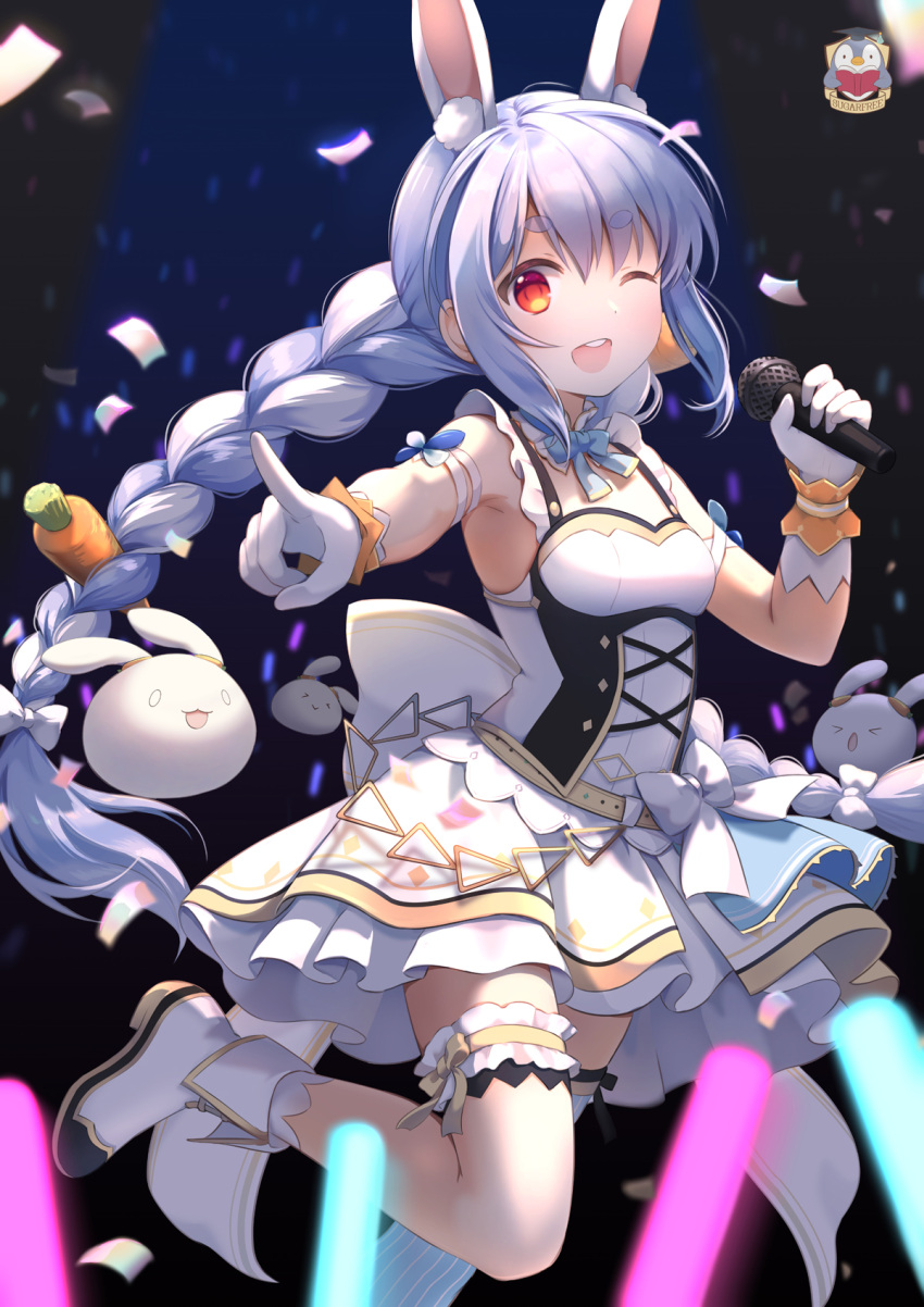 1girl ;d animal_ear_fluff animal_ears arm_strap armpits asymmetrical_legwear bangs bare_shoulders blue_hair boots braid breasts carrot_hair_ornament cross-laced_clothes dancing food_themed_hair_ornament garters gloves glowstick hair_ornament highres hikimayu holding holding_microphone hololive idol idol_clothes kamui_(kamuikaoru) knee_up layered_skirt light_blush long_hair looking_at_viewer microphone miniskirt multicolored_hair music nonstop_story nousagi_(usada_pekora) one_eye_closed open_mouth orange_eyes pointing rabbit_ears round_teeth short_eyebrows singing single_garter single_thighhigh skirt skirt_set sleeveless small_breasts smile solo stage standing standing_on_one_leg teeth thigh-highs twin_braids twintails two-tone_hair upper_teeth usada_pekora virtual_youtuber white_gloves white_hair white_legwear