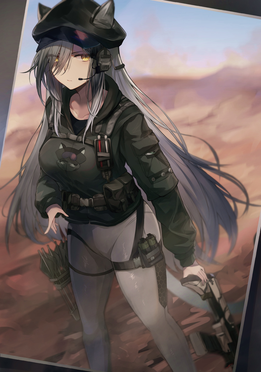 1girl absurdres animal_ears arknights black_headwear black_jacket black_shirt cat_ears cat_girl cat_tail collarbone commentary ears_through_headwear feet_out_of_frame grey_hair grey_legwear hair_over_one_eye hat headset highres holding_crossbow implied_extra_ears jacket kiyakyuu looking_at_viewer official_alternate_costume outdoors pantyhose quiver schwarz_(arknights) schwarz_(skyline)_(arknights) shirt solo standing tactical_clothes tail thigh_strap yellow_eyes
