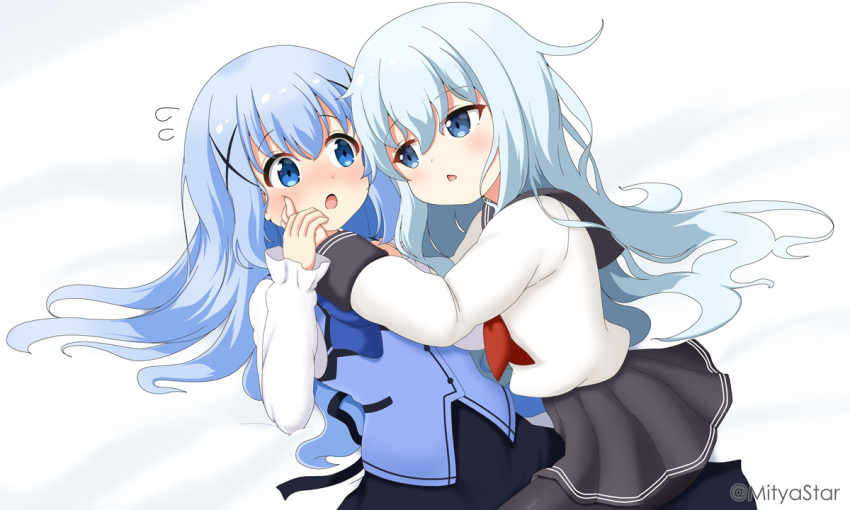 2girls bed_sheet black_legwear black_sailor_collar black_skirt blue_eyes blue_hair blue_vest blush chestnut_mouth commentary_request crossover flying_sweatdrops gochuumon_wa_usagi_desu_ka? hair_ornament hibiki_(kancolle) kafuu_chino kantai_collection long_hair long_sleeves look-alike lying miicha multiple_girls neckerchief nose_blush on_back on_side open_mouth pantyhose pleated_skirt rabbit_house_uniform red_neckwear sailor_collar shirt skirt sleeves_past_wrists twitter_username uniform very_long_hair vest waitress white_shirt x_hair_ornament yuri