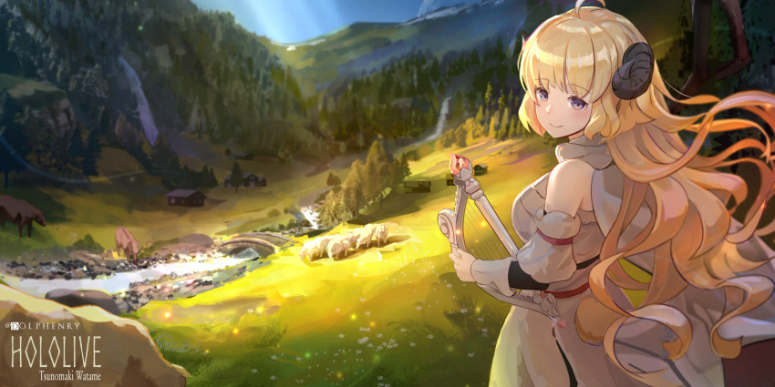1girl ahoge arm_warmers artist_name blonde_hair blue_sky blurry breasts bridge cabin character_name copyright_name daisy day depth_of_field dress floating_lights flower forest grass harp highres hill hololive horns instrument large_breasts light_rays long_hair looking_at_viewer meadow mountain nature outdoors san_ke_yue_shi sheep sheep_horns shepherd's_crook sky smile solo stream sunbeam sunlight tree tsunomaki_watame twitter_username valley very_long_hair violet_eyes virtual_youtuber water waterfall wavy_hair white_dress