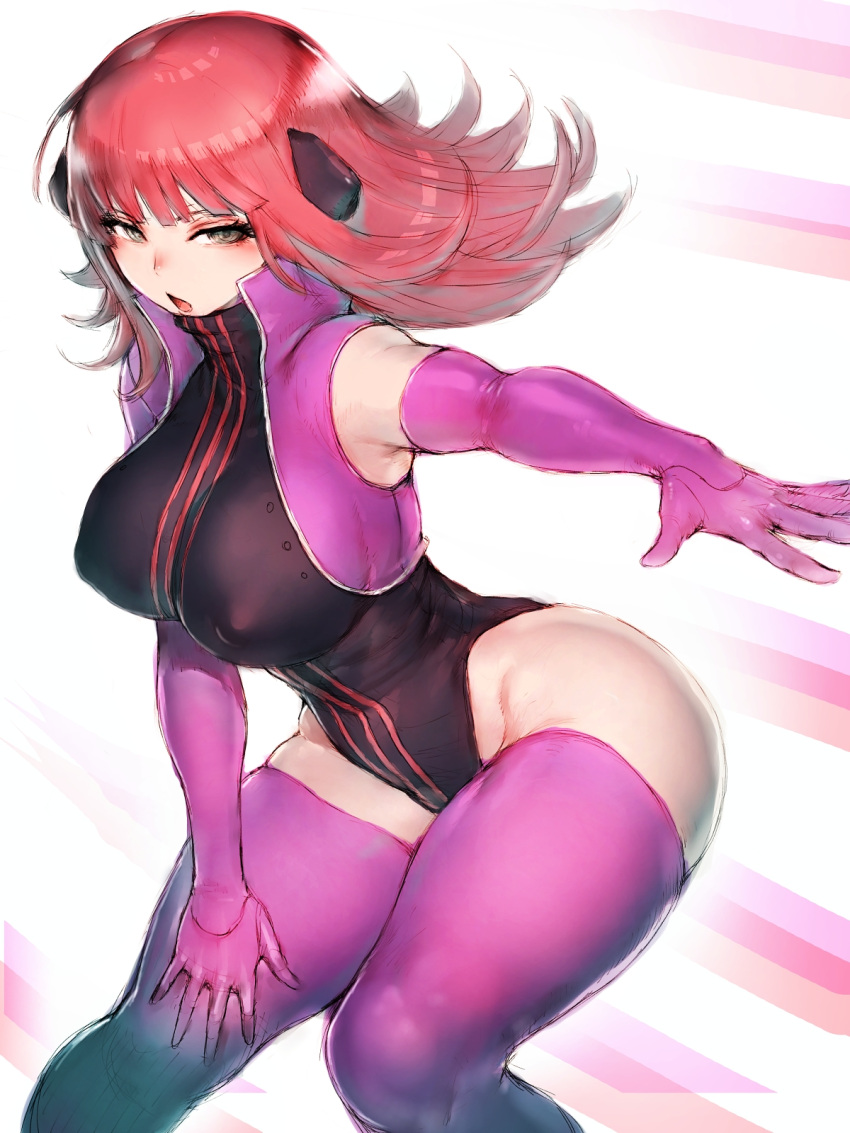 1girl breasts brown_eyes character_request covered_nipples elbow_gloves fumio_(rsqkr) gloves highres large_breasts long_hair looking_at_viewer open_mouth purple_legwear redhead solo thigh-highs