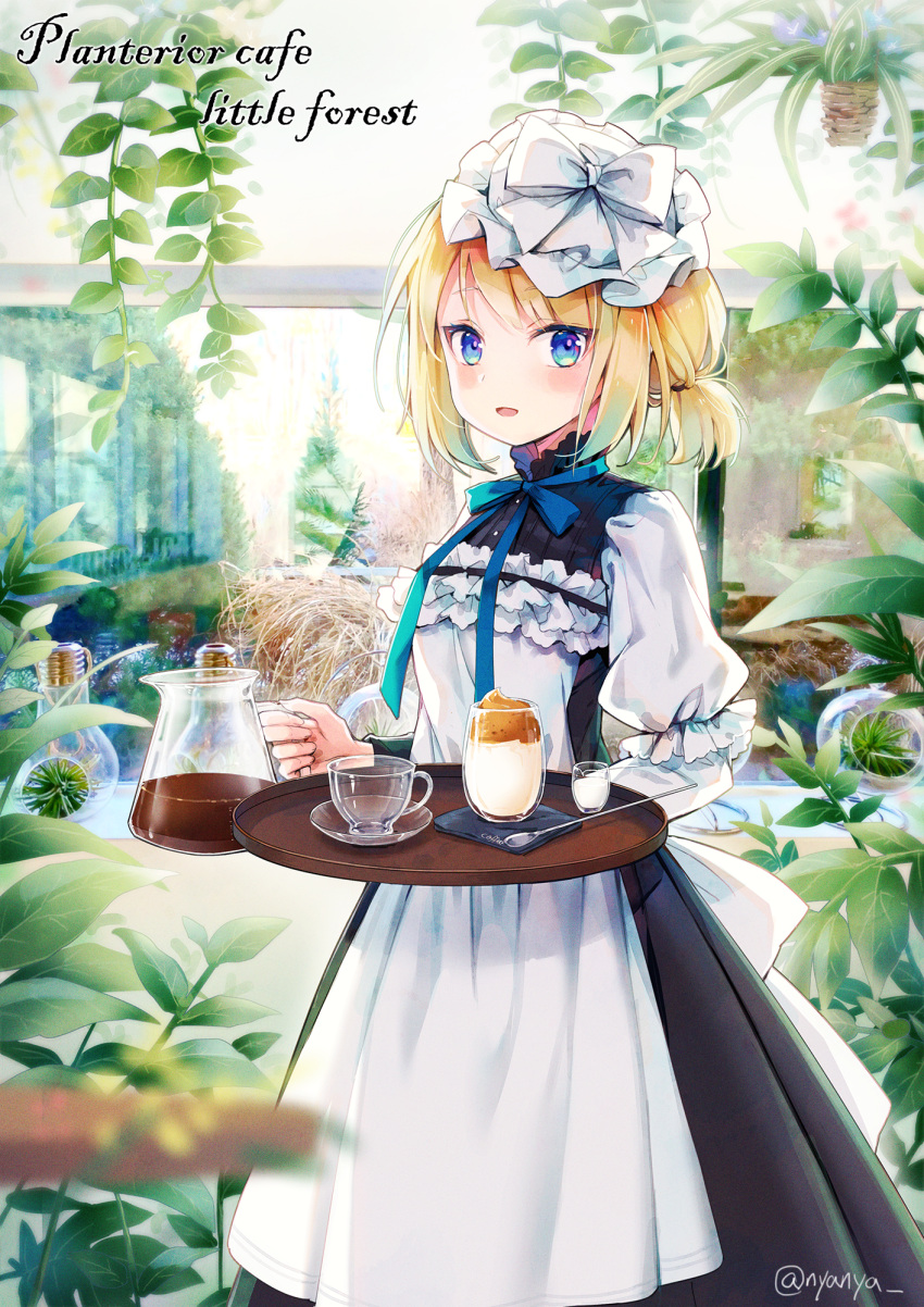 1girl apron black_dress blonde_hair blue_eyes blush bow commentary_request cup dress english_text frilled_apron frills hat highres holding holding_tray jug light_bulb long_sleeves looking_at_viewer mob_cap nyanya open_mouth original pleated_dress puffy_short_sleeves puffy_sleeves saucer shirt short_over_long_sleeves short_sleeves sleeveless sleeveless_dress smile solo teacup transparent tray twitter_username white_apron white_bow white_headwear white_shirt