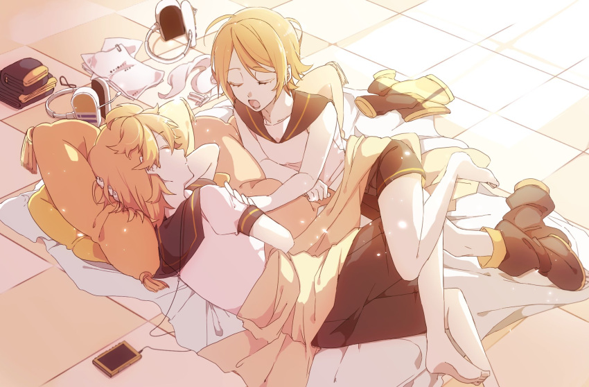 1boy 1girl bare_legs black_footwear black_shorts blanket blonde_hair boots boots_removed closed_eyes collar crypton_future_media detached_sleeves eiku folded_clothes from_above headphones headphones_removed highres kagamine_len kagamine_rin lying on_side open_mouth piapro pillow sailor_collar shirt short_hair short_sleeves shorts siblings sleeveless sleeveless_shirt sleeves_removed tile_floor tiles twins vocaloid white_shirt