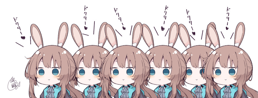 6+girls :&gt; alternate_hair_color amiya_(arknights) animal_ear_fluff animal_ears arknights ascot bangs beni_shake black_jacket blue_eyes blue_neckwear blush brown_hair closed_mouth commentary_request eyebrows_visible_through_hair flying_sweatdrops highres jacket long_hair multiple_girls open_clothes open_jacket ponytail rabbit_ears sidelocks signature simple_background translated upper_body v-shaped_eyebrows white_background