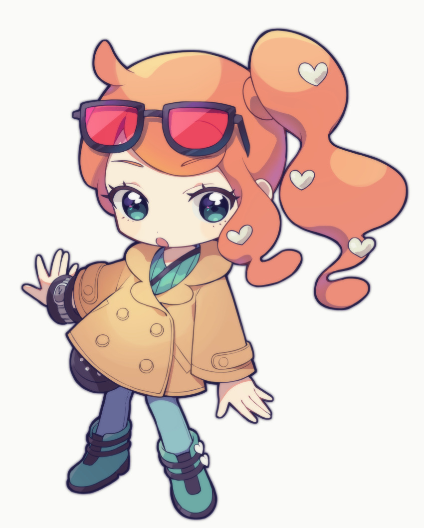 1girl :o bag black_bag blush boots brown_coat buttons chibi coat commentary_request eyelashes eyewear_on_head full_body green_eyes green_footwear green_shirt hair_ornament handbag heart heart_hair_ornament highres long_hair orange_hair pants pokemon pokemon_(game) pokemon_swsh ribbed_shirt shirt side_ponytail solo sonia_(pokemon) standing sunglasses watch watch yamunashi