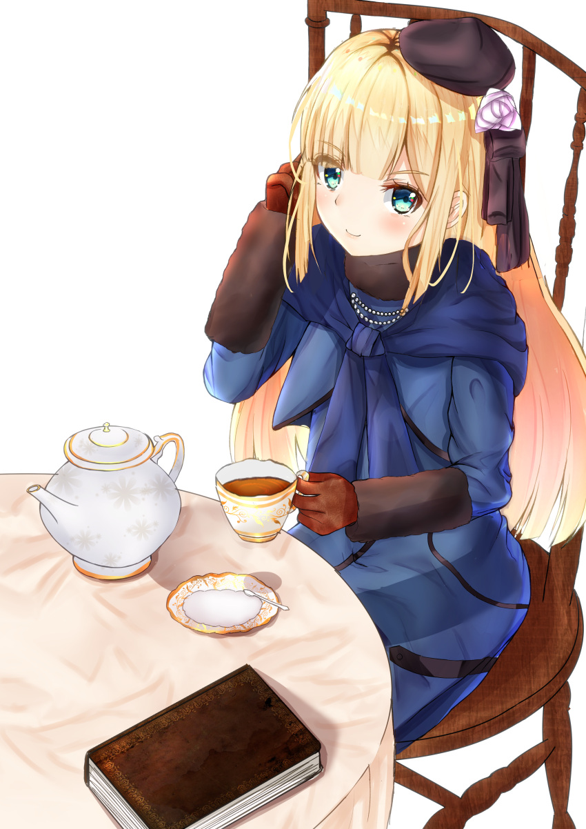 1girl absurdres bangs blonde_hair blue_eyes blush book brown_gloves closed_mouth commentary_request cup eyebrows_visible_through_hair fate/grand_order fate_(series) flower from_above gloves green_eyes hair_ornament hat highres holding long_hair long_sleeves looking_at_viewer lord_el-melloi_ii_case_files mitsu336 reines_el-melloi_archisorte revision simple_background sitting smile solo table teacup teapot very_long_hair white_background white_flower wooden_chair