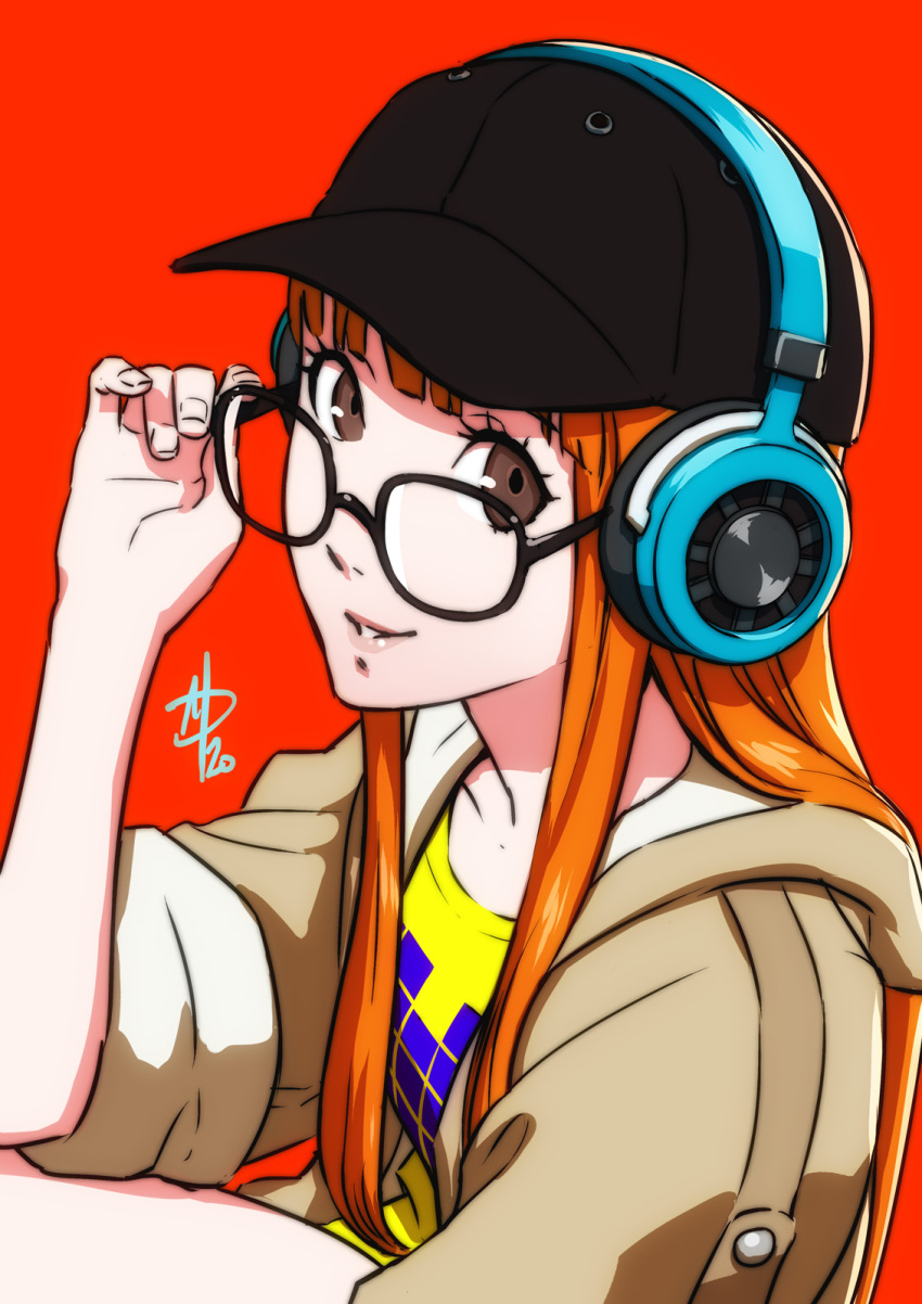 1girl arm_up bangs black_headwear glasses green_jacket hand_up happy hat headphones highres holding holding_eyewear jacket long_hair orange_hair persona persona_5 persona_5_scramble:_the_phantom_strikers pixel_art pixel_heart polaritypus purple_heart red_background sakura_futaba shirt simple_background sleeves_rolled_up smile t-shirt teeth yellow_shirt