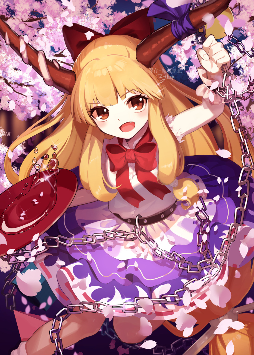 absurdres alcohol belt brown_eyes brown_hair chain cherry_blossoms cube cup eyebrows_visible_through_hair fang hair_ribbon highres horns ibuki_suika layered_skirt long_hair low_tied_hair petals pyramid_(geometry) ribbon sakazuki sake shirt skirt sleeveless sleeveless_shirt sphere touhou very_long_hair wristband yokujitsu