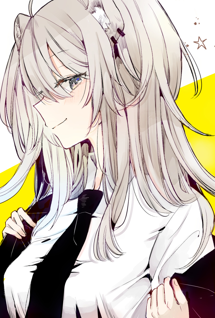 1girl animal_ear_fluff animal_ears bangs black_jacket black_neckwear blush breasts collared_shirt commentary_request ear_piercing eyebrows_visible_through_hair grey_eyes grey_hair hair_between_eyes highres hololive jacket lion_ears medium_breasts mitoko_(kuma) necktie off_shoulder open_clothes open_jacket piercing shirt shishiro_botan solo star_(symbol) two-tone_background undressing upper_body virtual_youtuber white_background white_shirt yellow_background